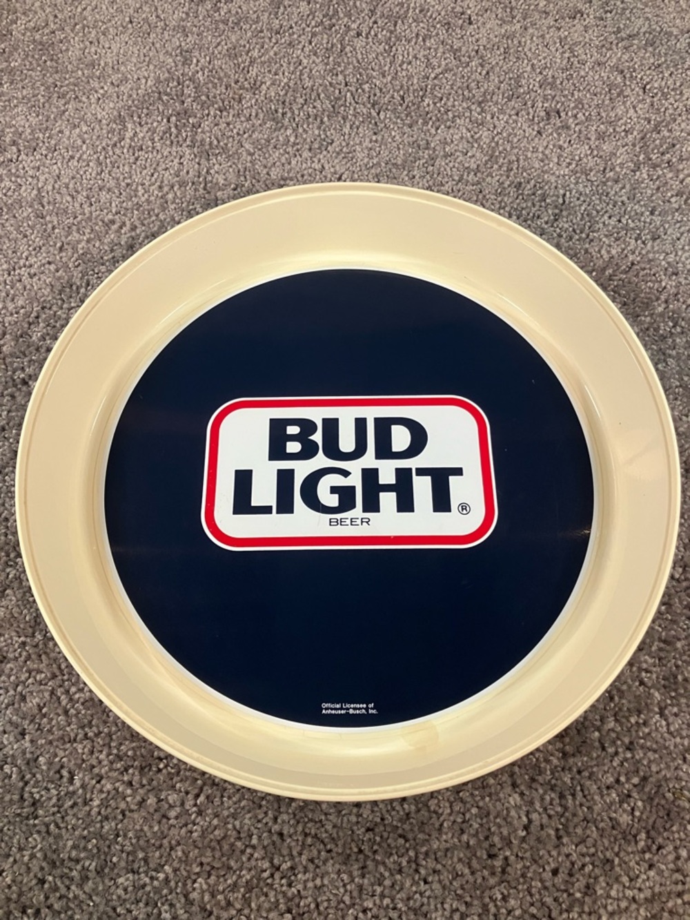 Vtg Drink Serving Bud Light Round 13" Tray Plastic Blue Cream Decor